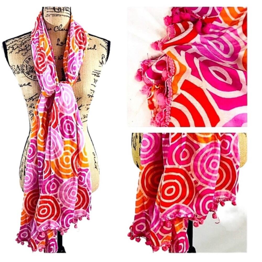 Pink Orange White Scarf or Wrap with Pink Pom Pom Trim